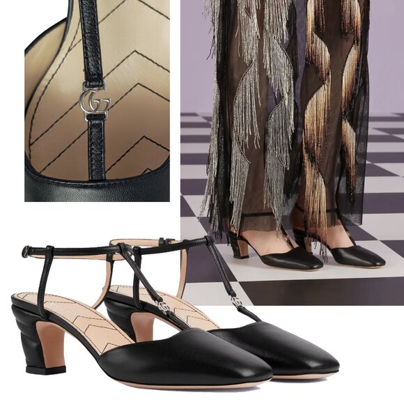 GUCCI SHOES T-STRAP BLACK LEATHER DOUBLE G LOGO SLINGBACK PUMPS sz 40.5 10.5 - Picture 1 of 15